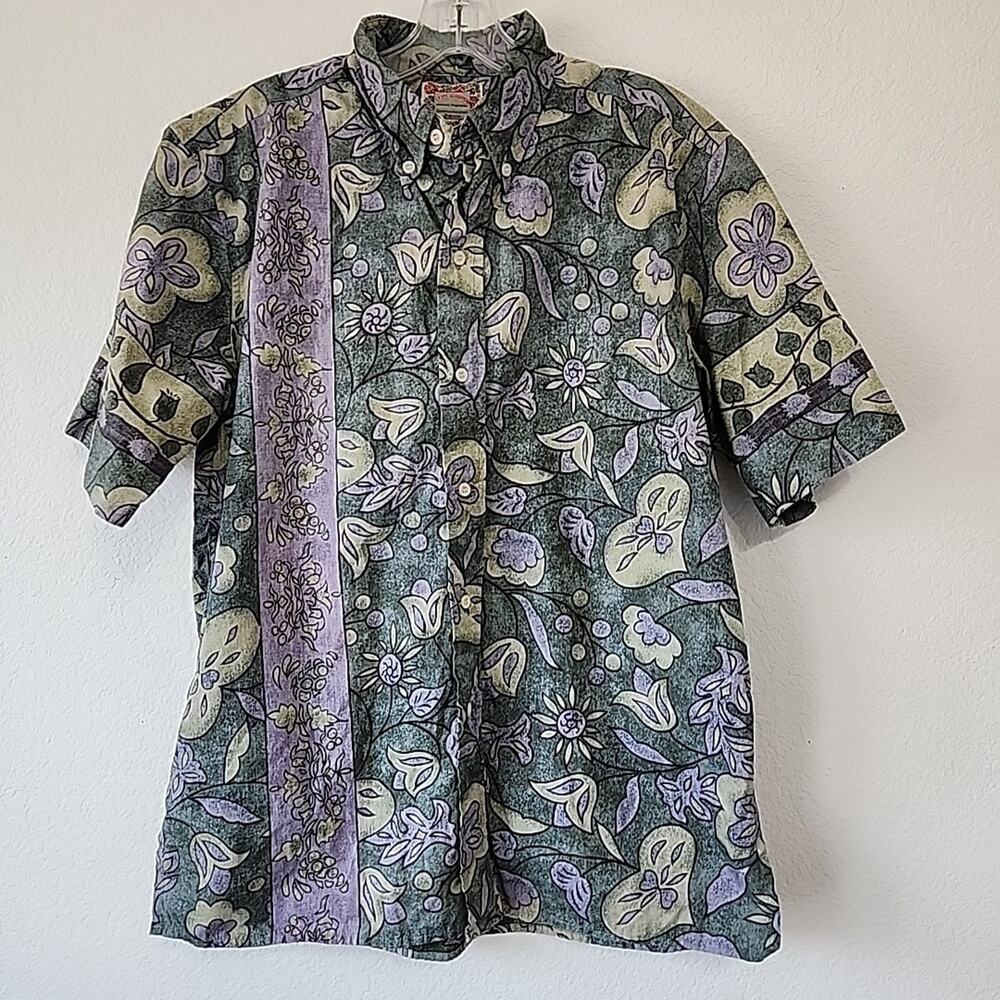 Reyn Spooner Mens M Hawaiian Shirt Floral Purple Green Commemorative Classics